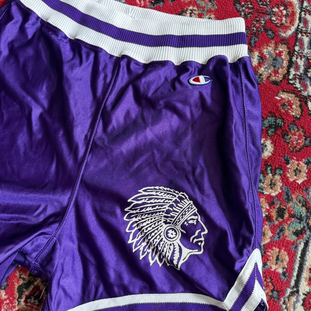 Vintage Champion Purple Mesh Basketball Shorts Native American Graphic Mens 36 - Picture 2 of 5